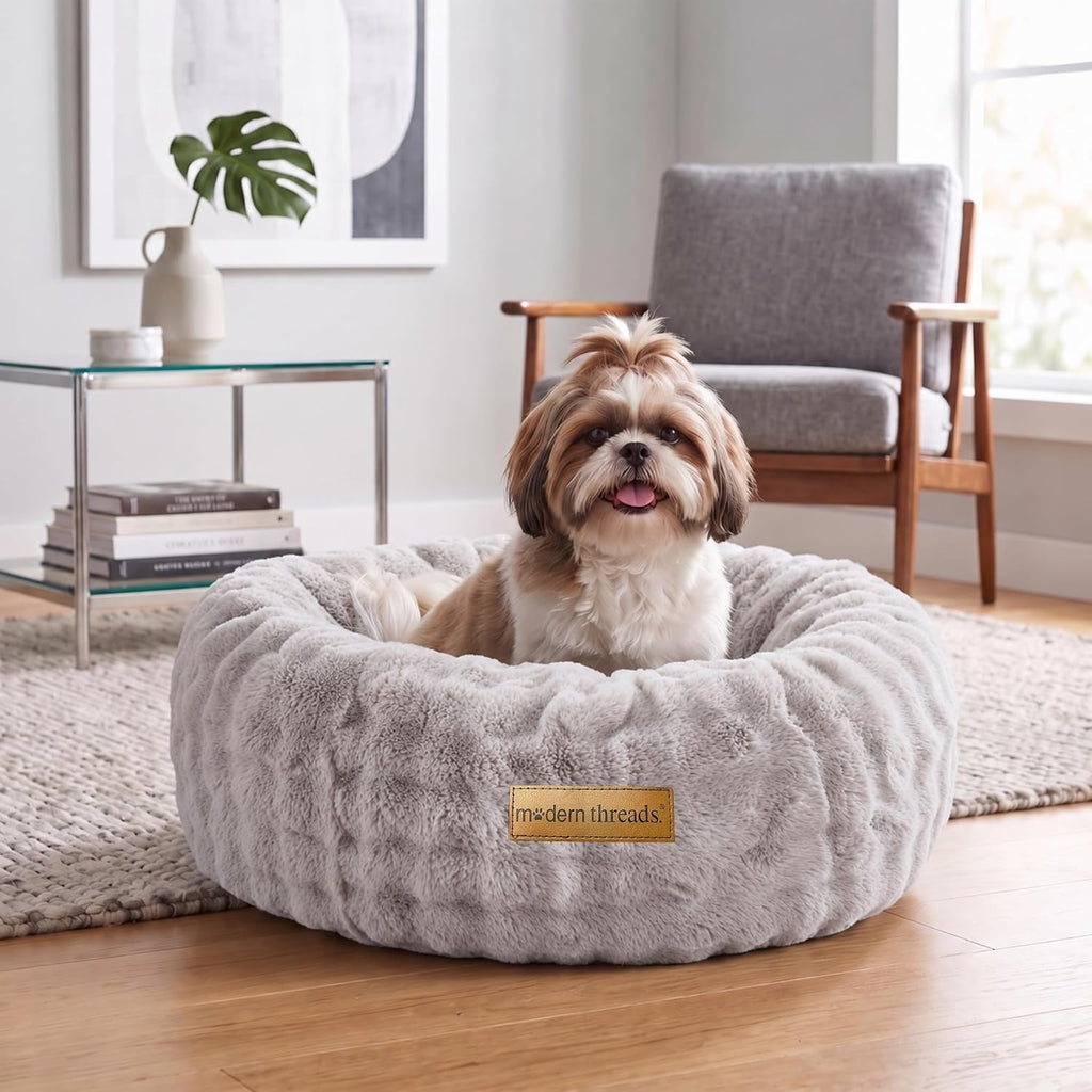 Modern Threads Calming Donut Dog Bed for Small Dogs, Plush Round Faux Fur Pet Bed with Raised Bolster, Soft Washable Dog Bed, 24x24x9, Gray