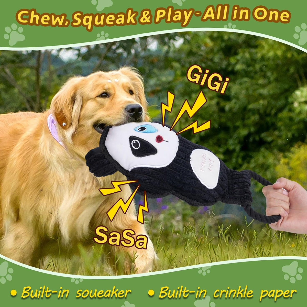 2-Pack Crinkle and Squeaky Dog Toys & Tough Tug of War Set - No Stuffing Chew-Resistant Plush Toys to Keep Them Busy, Best Birthday Gift for Small/Medium/Large Breeds (Panda & Dino)
