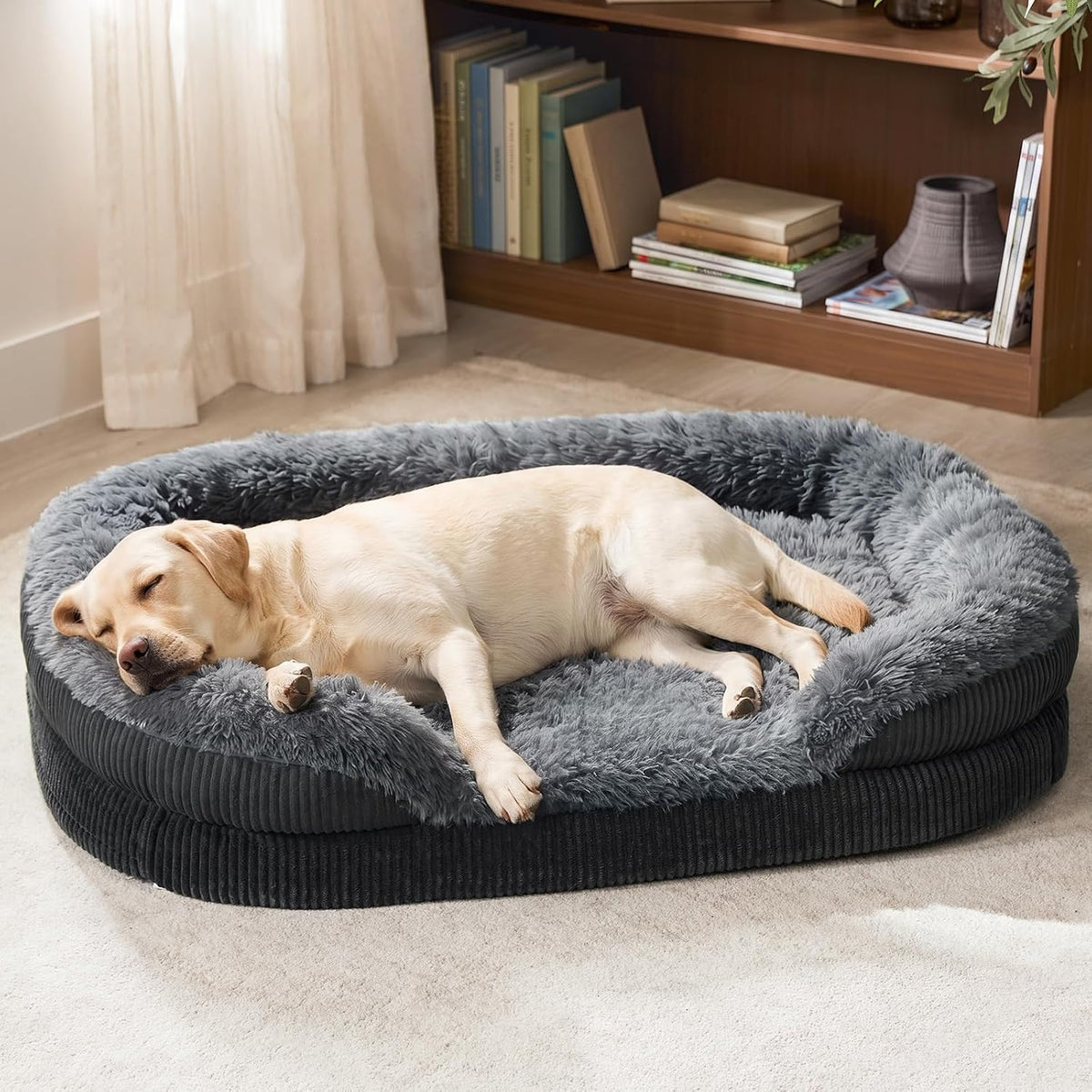 INVENHO Fluffy Orthopedic Dog Beds Large Sized Dog, Jumbo Egg-Crate Foam Bolster Sofa Bed with Washable Removable Waterproof Cover, Fluffy Plush Faux Fur Dog Bed with Non-Skid Bottom