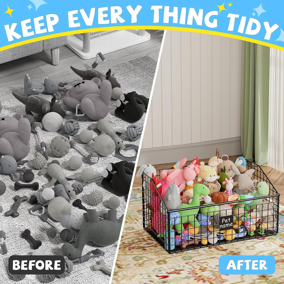 Kaiferty Indestructible Dog Toy basket, Large Toy Bin for Dogs,Pet Toy Bin Dog Metal Basket Organizer Storage for Toys Food Storage (Black)