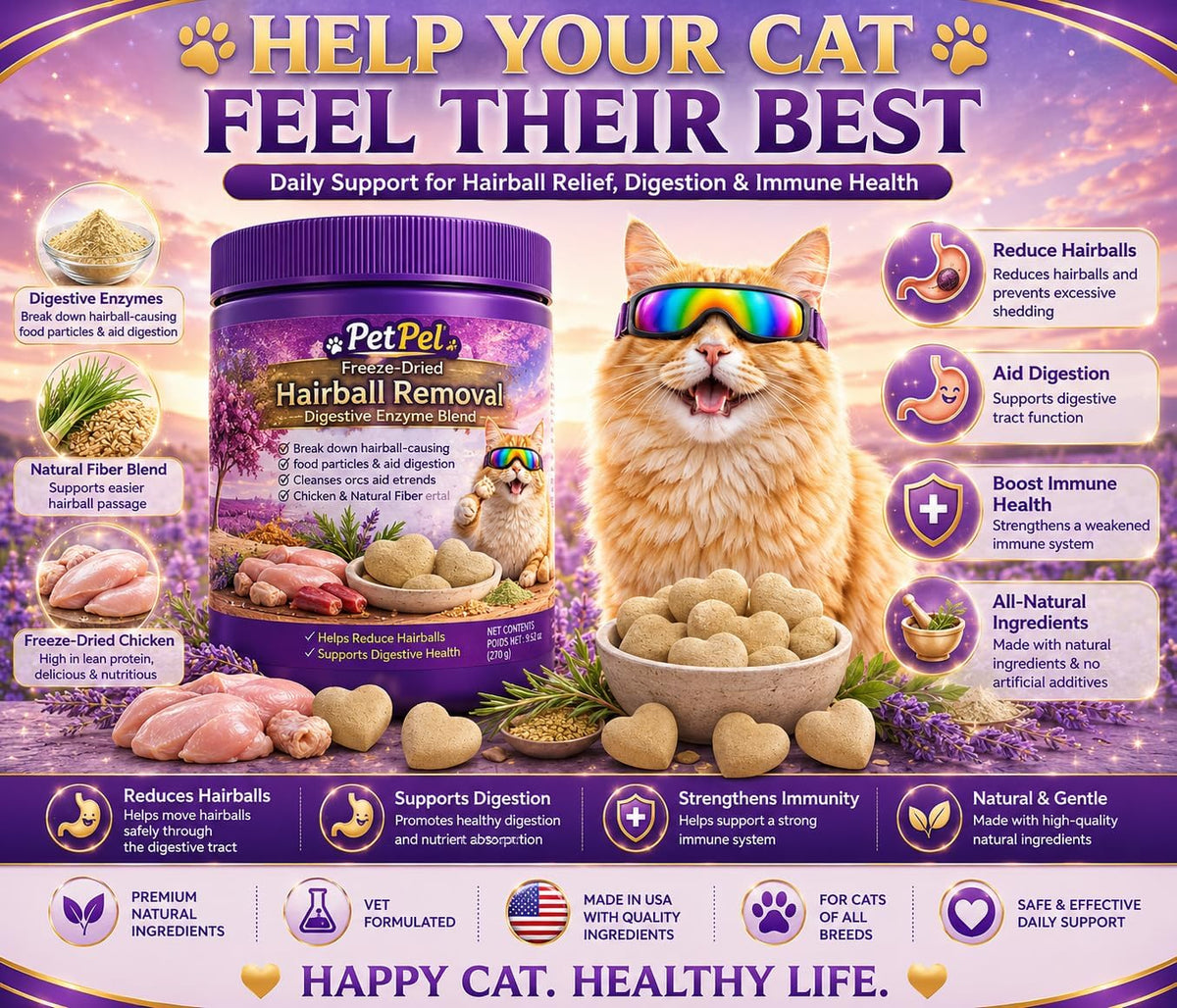 Freeze-Dried Hairball Removal Cat Treats - Digestive Enzyme Blend with Chicken & Natural Fiber, Supports Digestive Health & Reduces Hairballs