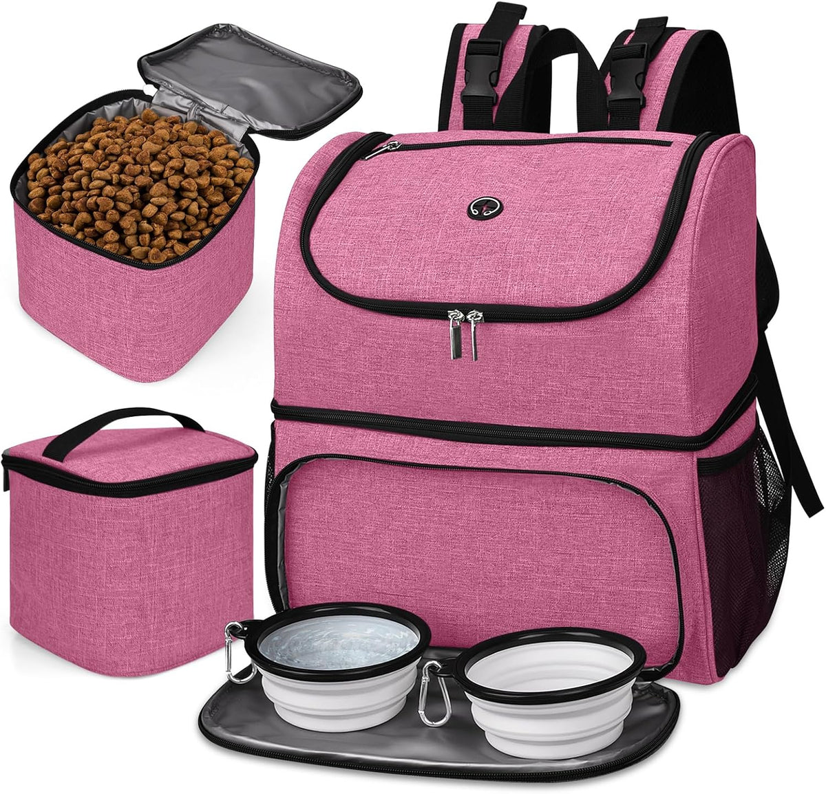 BAGLHER Pet Travel Bag, Double-Layer Pet Supplies Backpack (for All Pet Travel Supplies), Pet Travel Backpack with 2 Silicone Collapsible Bowls and 2 Food Baskets Pink