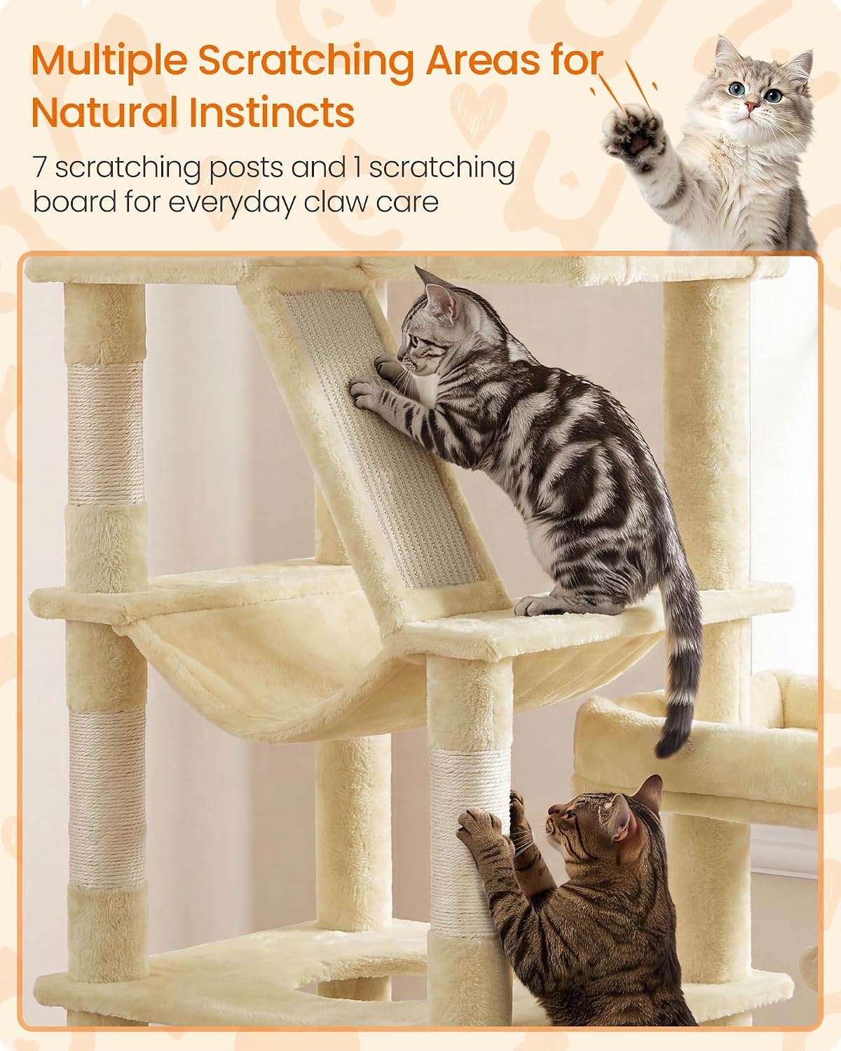 Feandrea Cat Tree, 74.1" Heavy Duty Cat Tower Condo for Indoors, Beige