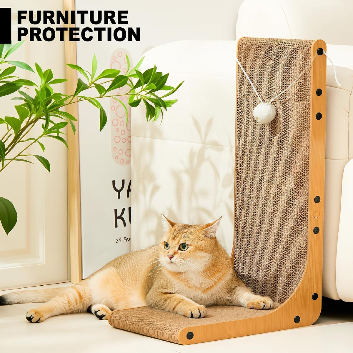 Cardboard Cat Scratcher, 23.6 Inch Cardboard Cat Scratching Post with Fuzzy Ball, Reversible Scratching Pad for Indoor Cats