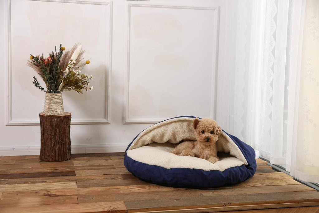 AmazonBasics Anti-Anxiety Calming Burrow Pet Cave Bed for Small and Medium Dogs, with Removable Nesting Cave Cover, Fits up to 35lbs Pets, 30 x 30 x 12.5 inches, Blue