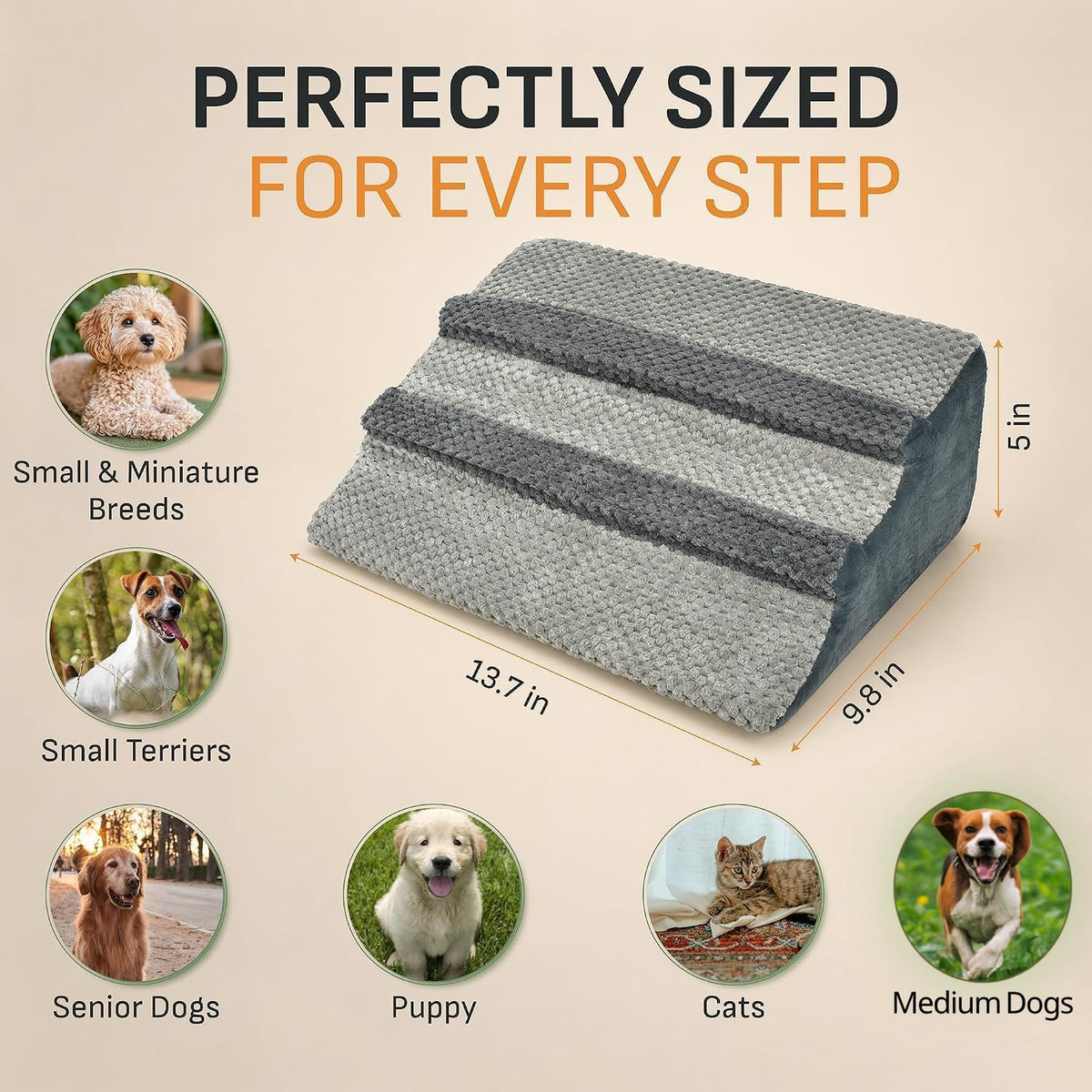 Dog Ramp for Stairs 3 Pack, Gentle Slope Pet Steps with Washable Cover, Non-Slip Adhesive Pads, Indoor Pet Ramp for Small, Medium & Senior Dogs
