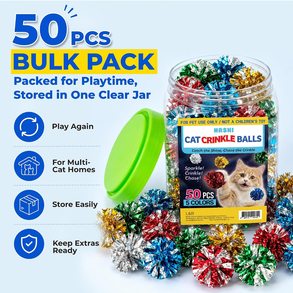 HA SHI Cat Crinkle Balls, 1.6 Inch, 50 Pack