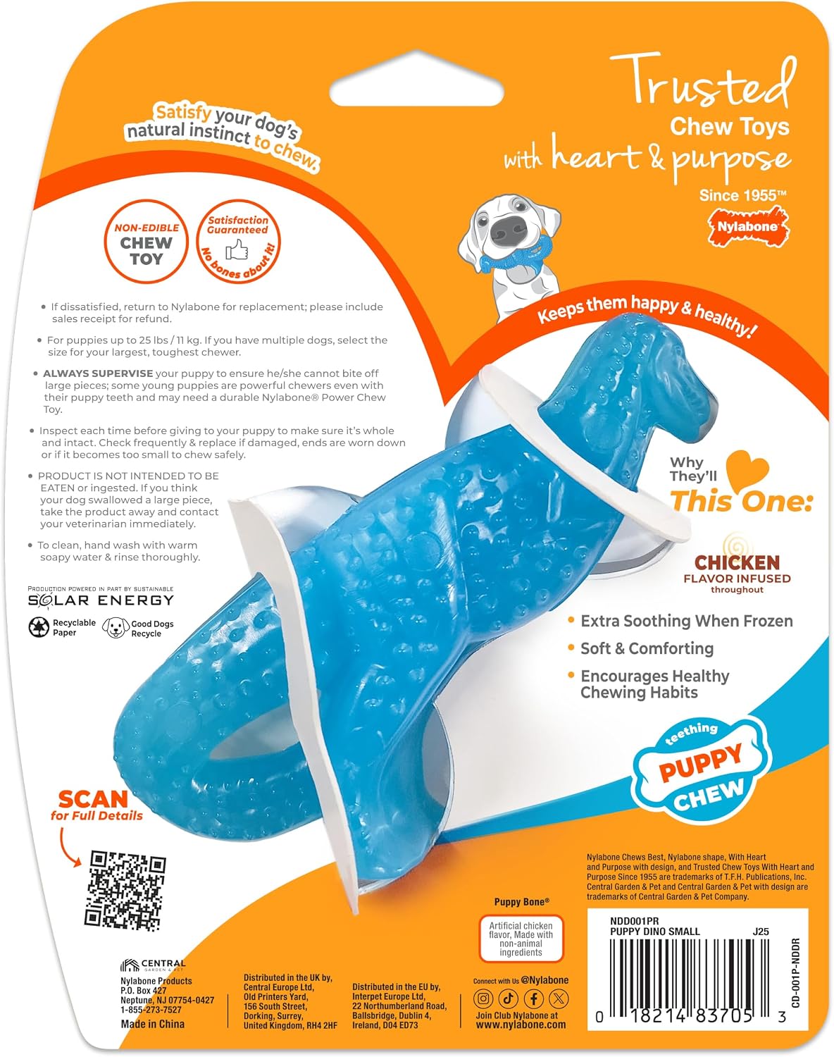 Nylabone Puppy Chew Dental Dinosaur Dog Chew Toy, Chicken Flavor, Small | Soothing teething toys for puppies, puppy enrichment & teething relief, freeze for added comfort, up to 25 lbs