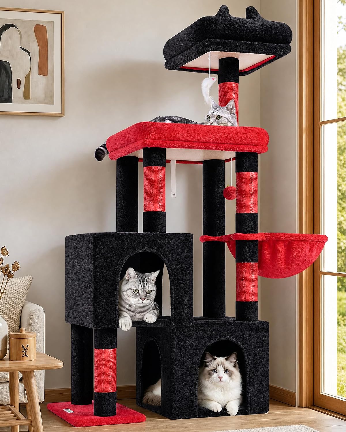 Globlazer 52in Gothic Cat Tree for Indoor Cats, 2 Condos, S52, Black Red
