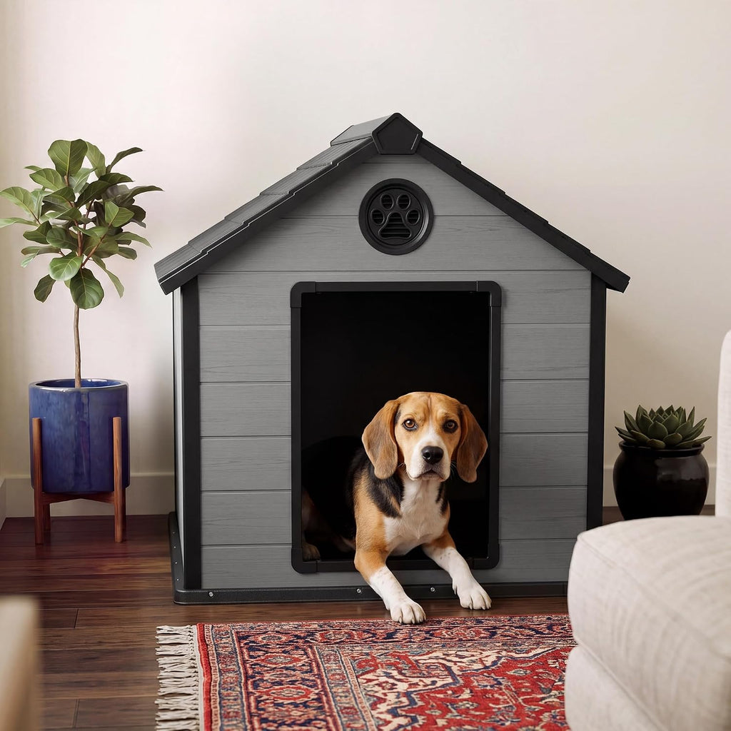 Bifanuo Extra Large Dog House for Outdoor, Weatherproof Dog House for Large Breed with Air Vents & Elevated Floor, Easy Assemble and Clean (Black, 42''L×44.5''W×42''H)