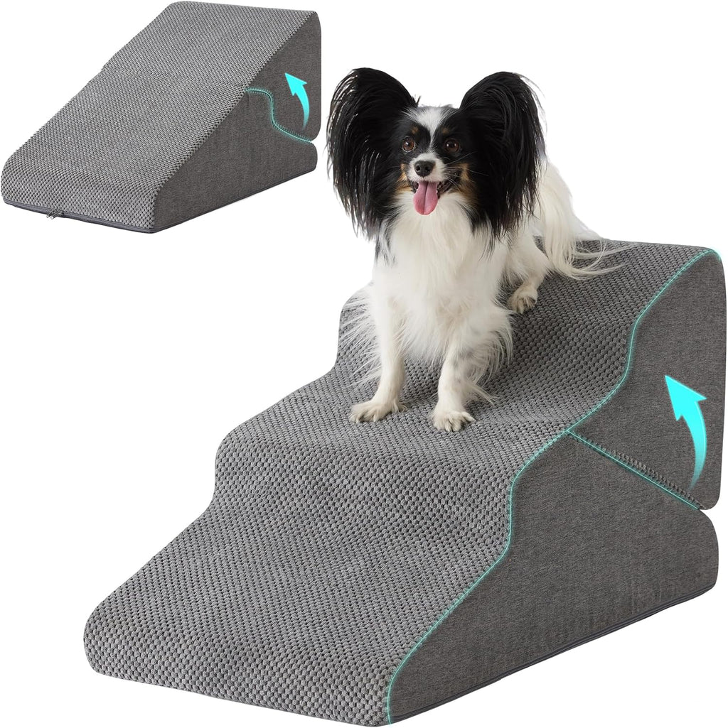 Ahpmeoa Dog Stairs for Small Dogs 16’’ H, 3-Step Dog Steps for Bed, Grey