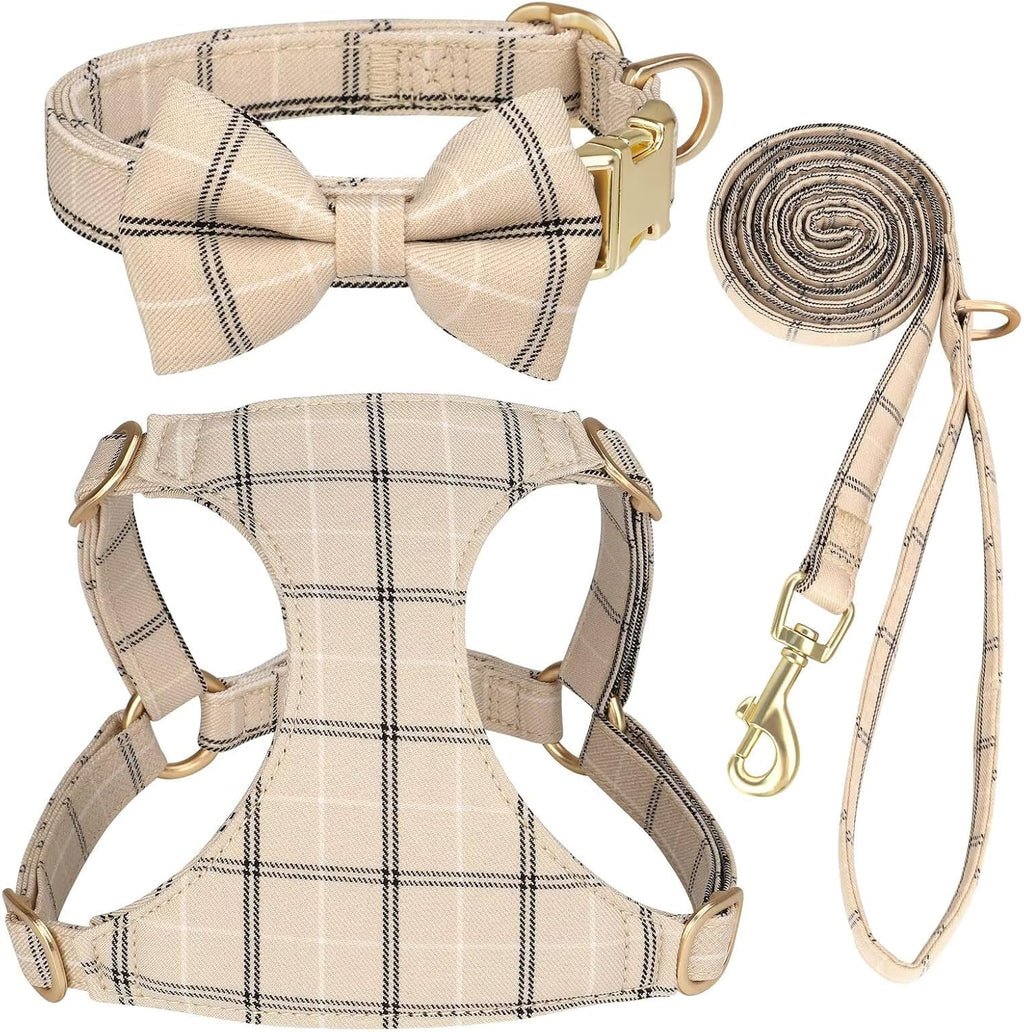 Beirui Cute Small Dog Harness and Leash Set Bowtie, Beige,XS,Chest 13-28"