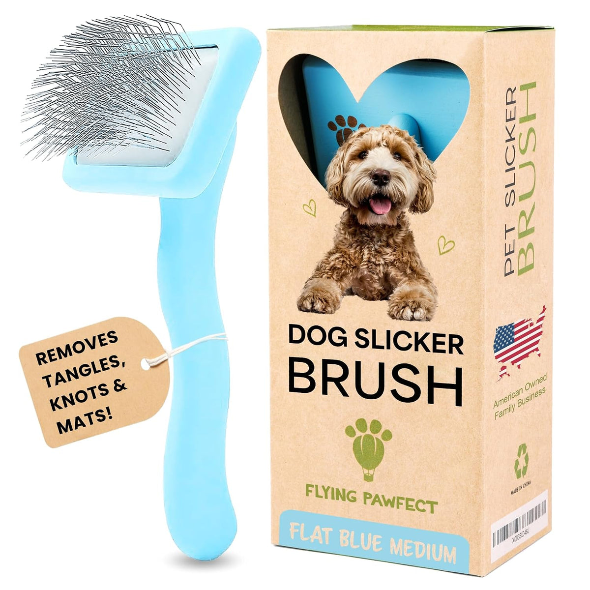 Pet Slicker Brush With Soft Massage Grooming Stainless Steel Pins - For Dematting, Shedding Fur, and Undercoat - Ideal Gift for Professional Pet Groomers - Long Slicker Brush (Baby Blue, Flat Medium)