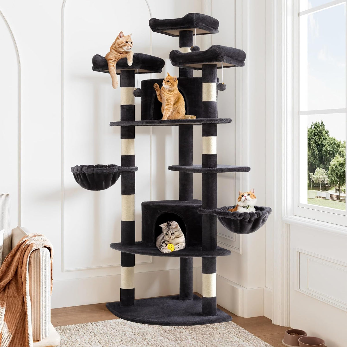 Allewie 73in Fan-Shaped Space-Saving Corner Cat Tree Tower, Dark Grey