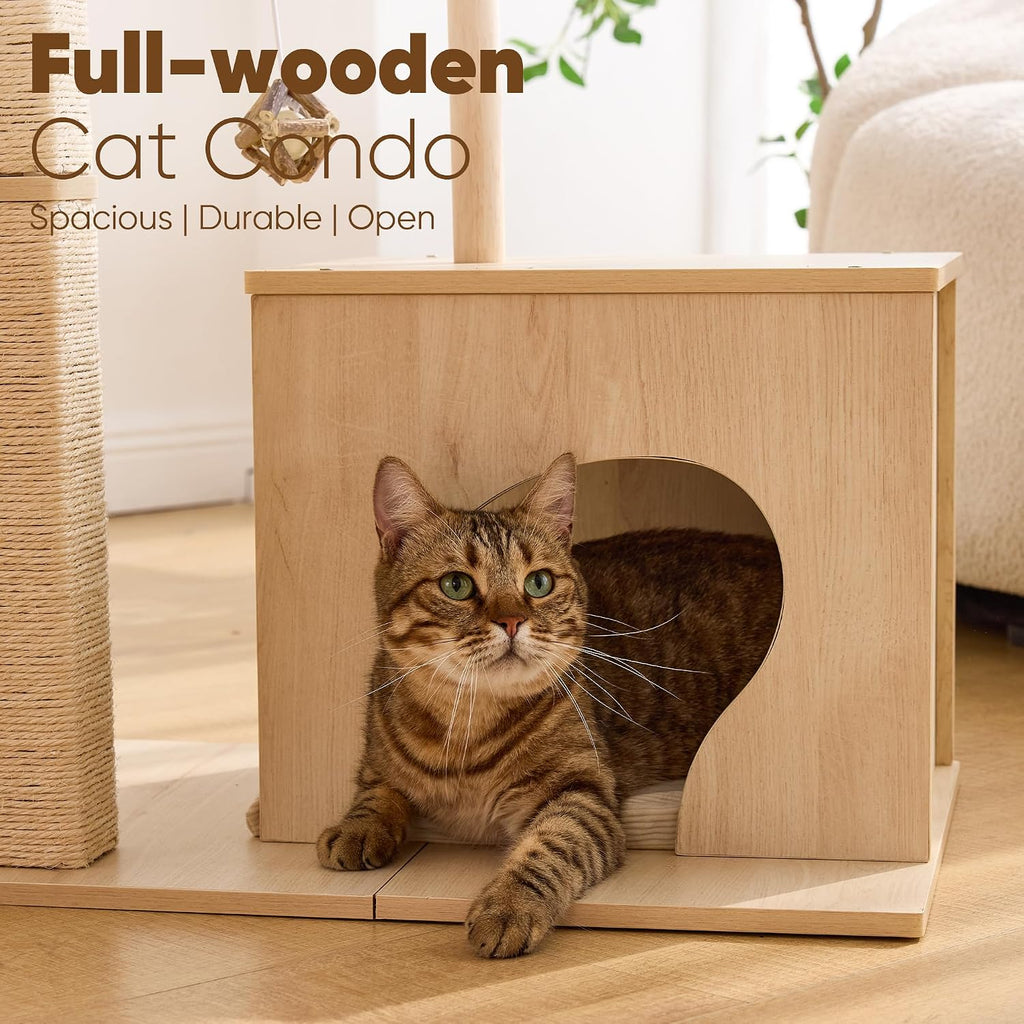 FUKUMARU Retro-Modern Cat Tree, Small Wooden Cat Tower with Post and Condo
