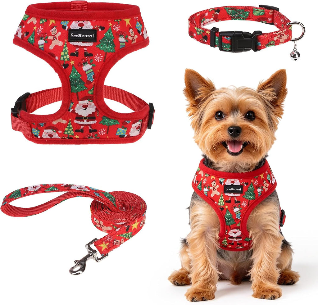 SCENEREAL Christmas Small Dog Harness and Leash Set, Red-Christmas S