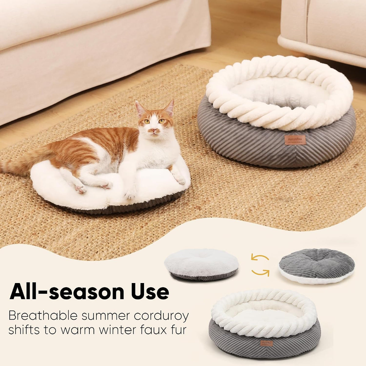 FUKUMARU Cute Round Cat Bed, Calming Donut Small Dog Beds, Washable