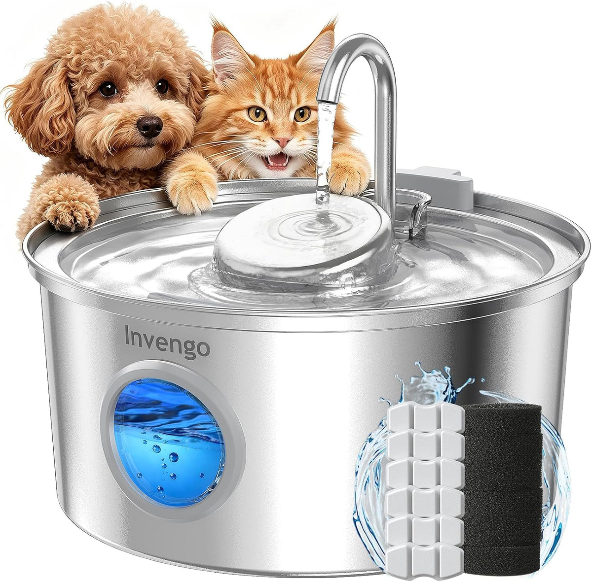 Invengo Cat Water Fountain Stainless Steel 3.2L/108oz Pet Drinking Fountain
