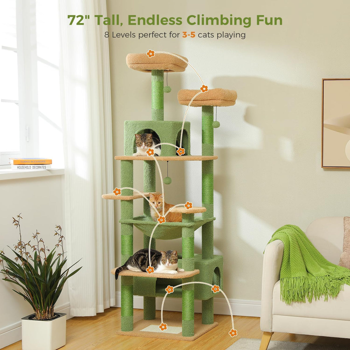 PAWZ Road 72" Cactus Cat Tree Tall Tower with Hammock&Condo for Large Cats
