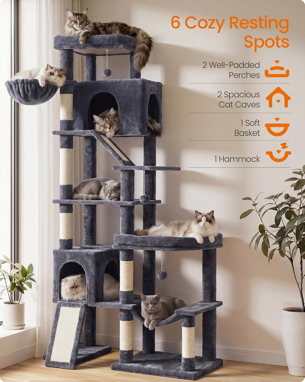 Feandrea Cat Tree, 79.5" Heavy Duty Cat Tower Condo for Indoors, Dark Gray