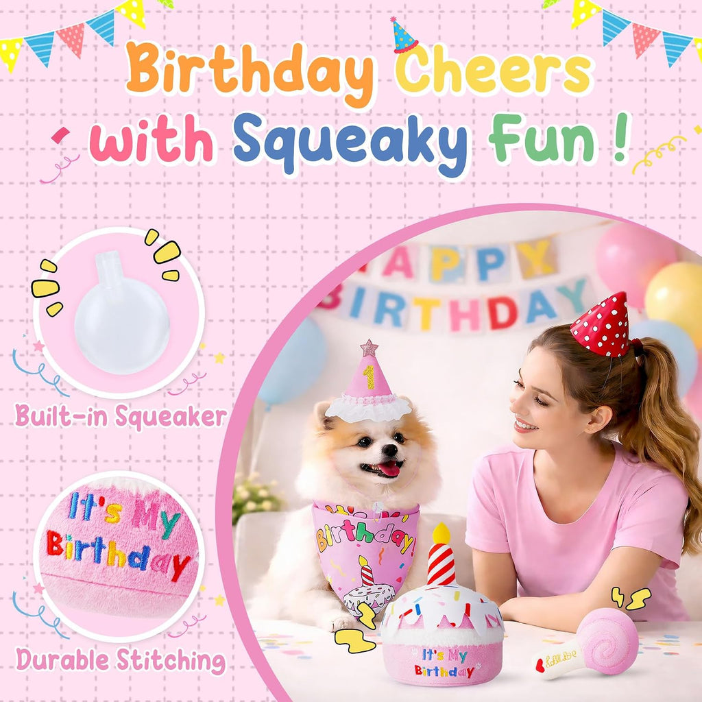 KIPRITII Dog Birthday Supplies with Cake Toys, Bandana & Hat for Small Dog | Photo-Ready Fun,Squeaky Birthday Toys,Dress-Up Fun,Adjustable Number Design,Soft Plush