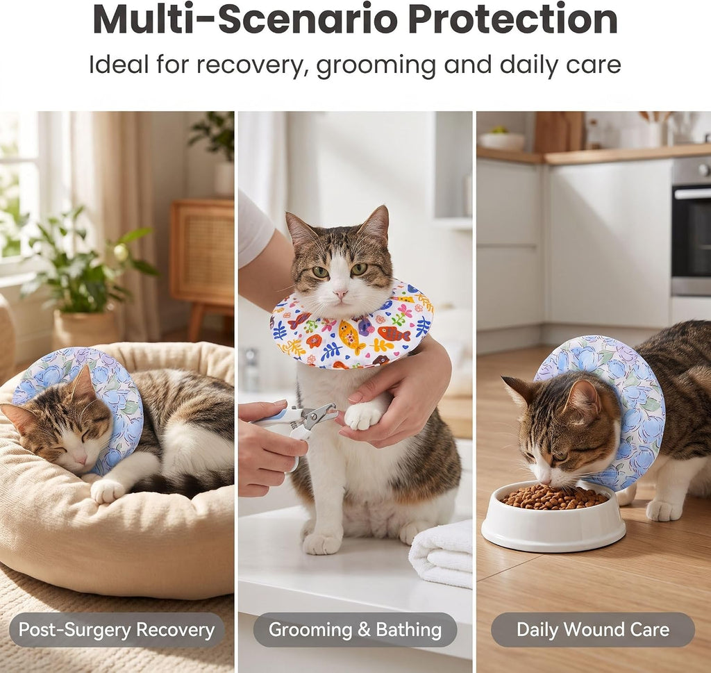 2 Pack Soft Cat Recovery Collar, Adjustable Fabric E-Collar for Cats, Lightweight Breathable Cotton Cone for Grooming, Daily Care & Post-Surgery Protection, Comfortable Anti-Lick Pet Collar