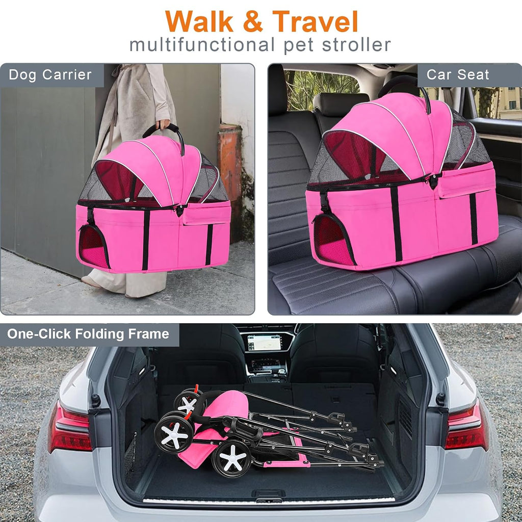 3 in 1 Pet Dog Stroller for Small Medium Dogs 10-30 lbs,Cat Strollers(Pink)