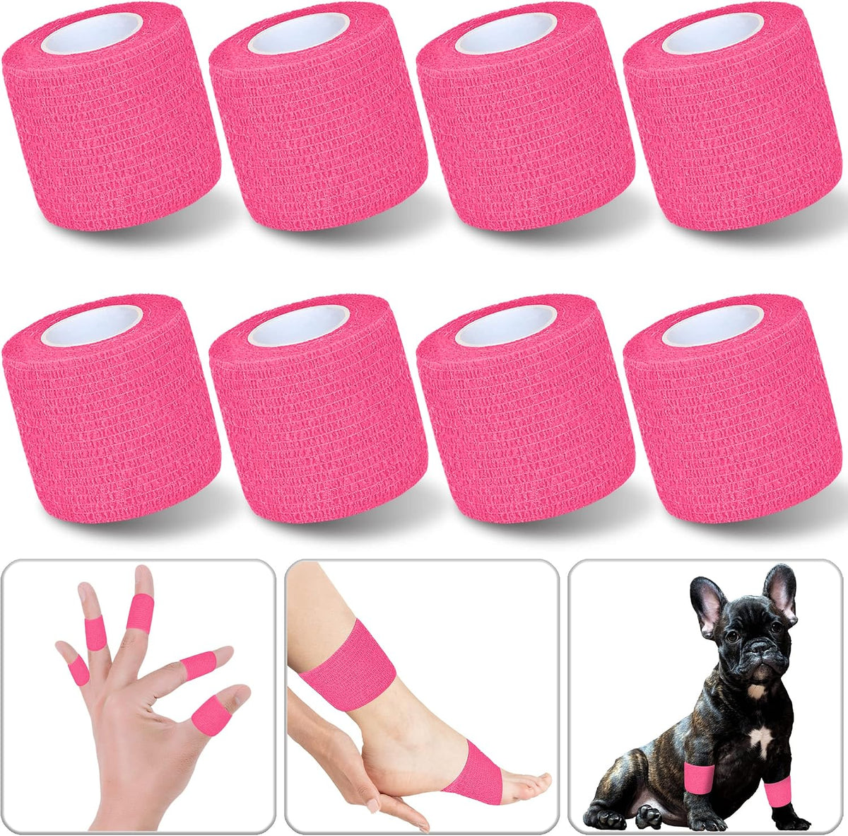 8 Pack 2 in x 5 Yards Cohesive Wrap Self Adhesive Bandage Wrap Elastic Self Adherent Bandage Self Stick Vet Tape for Athletic, Wrist, Ankle, Knees, Pets (Pink)