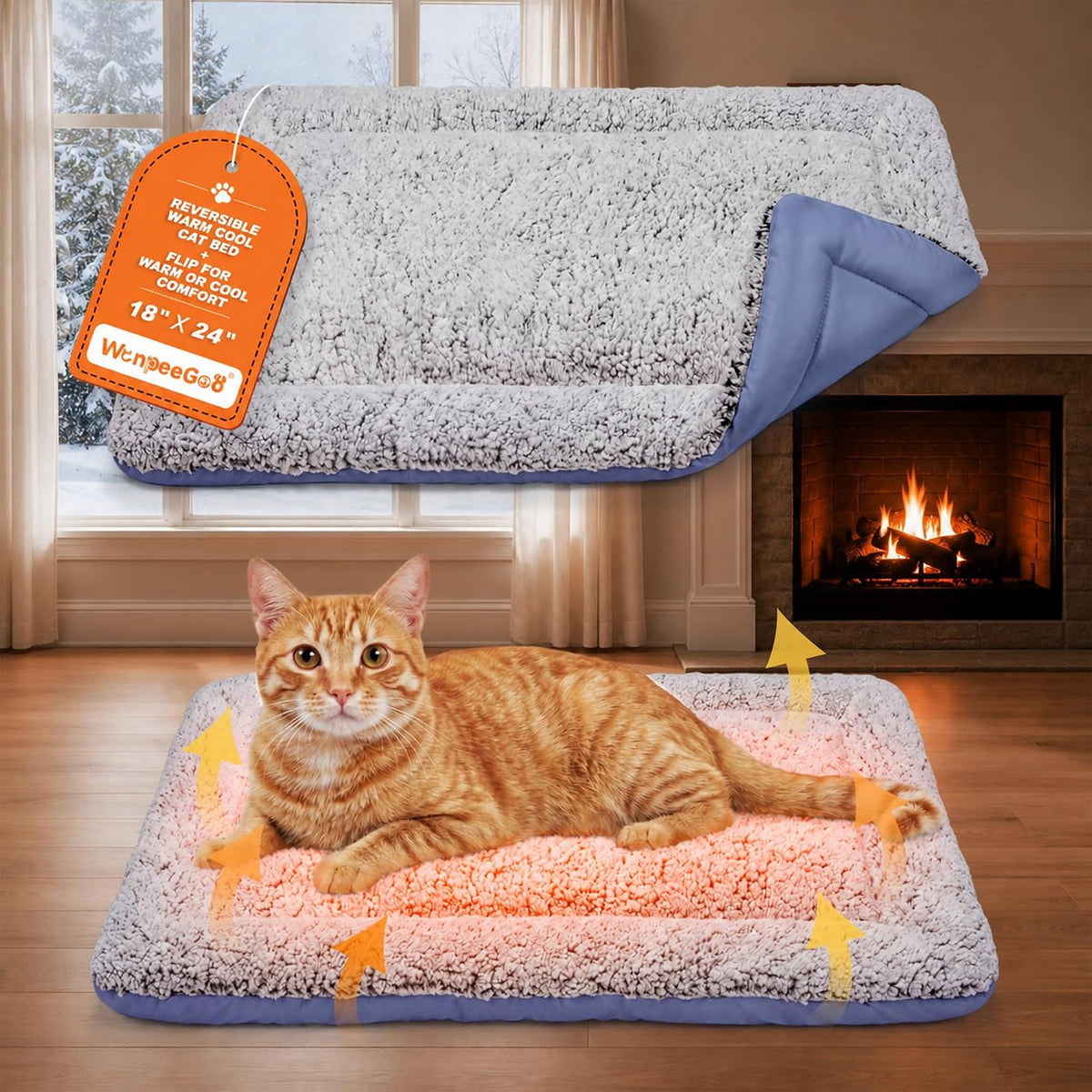 Self Warming Cat Bed, Reversible Self Heating Cat Pad, Dark Blue, 18x24 In