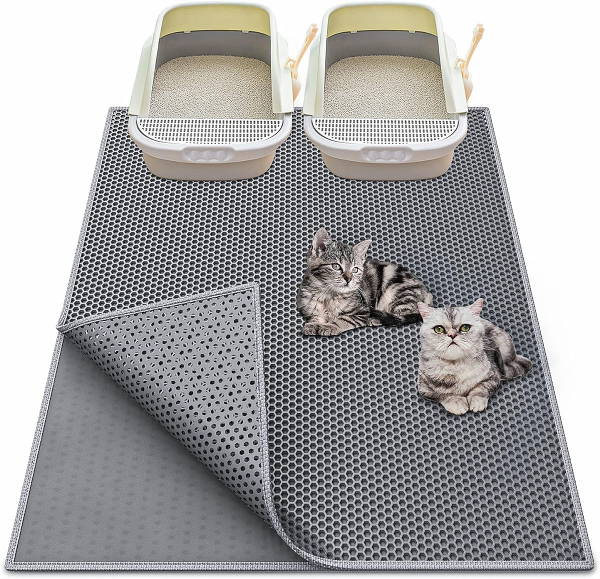Waretary Cat Litter Mat, 36"x30", Waterproof, Scatter Control, Grey | Double Layer, Urine-Proof, Non-Slip, Durable, Easy to Clean, Paw-Friendly, Safe & Odorless, Fits Large Litter Boxes