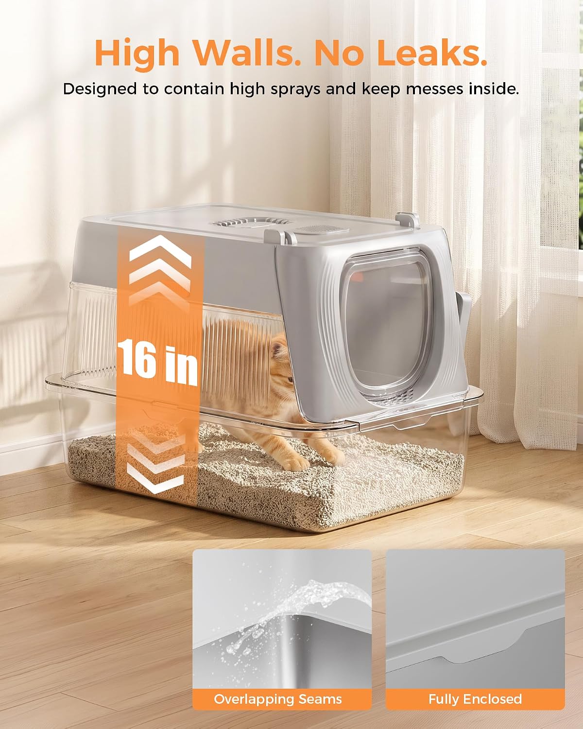 GTPLAYER XL Stainless Steel Cat Litter Box with Lid, High Sided Enclosed Cat Litter Box, Activated Carbon Odor Control, Extra Large Metal Litter Box, Anti-Leak, with Mat & Step, Slate Gray