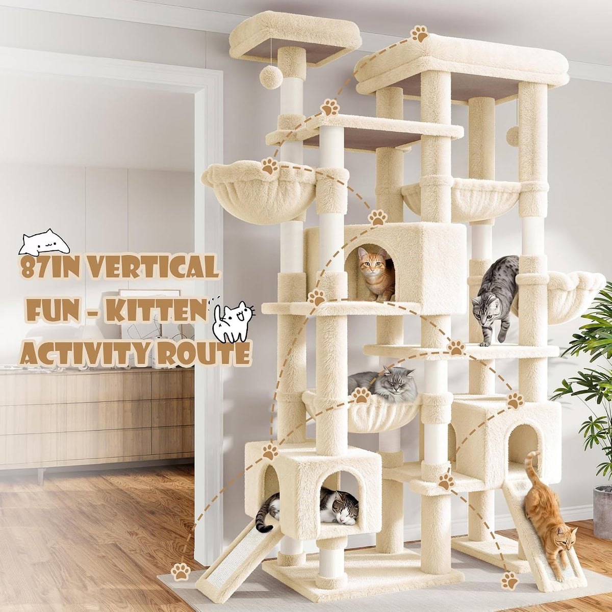 SHA CERLIN 87 in Multi-Level Tall Cat Tree Tower for Large Cats/Extra Wide Feline Activity Center/Sisal Scratching Posts/Wide Base/Cozy Plush Perches/Baskets/Hammocks/Toy Balls/Beige