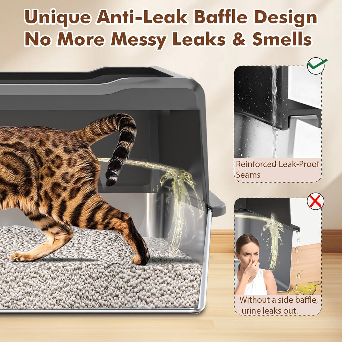 Extra Large Stainless Steel Litter Box for Large Cats | 50% Thicker Metal, High Sides, Leak-Proof, Non-Stick Surface, Odor Resistant, Easy Clean