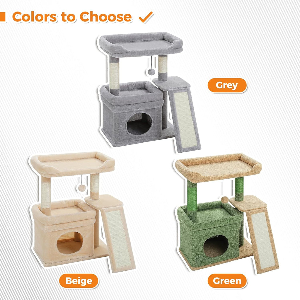 PEQULTI Small Cat Tree Tower for Indoor Cats with Large Perch, Grey