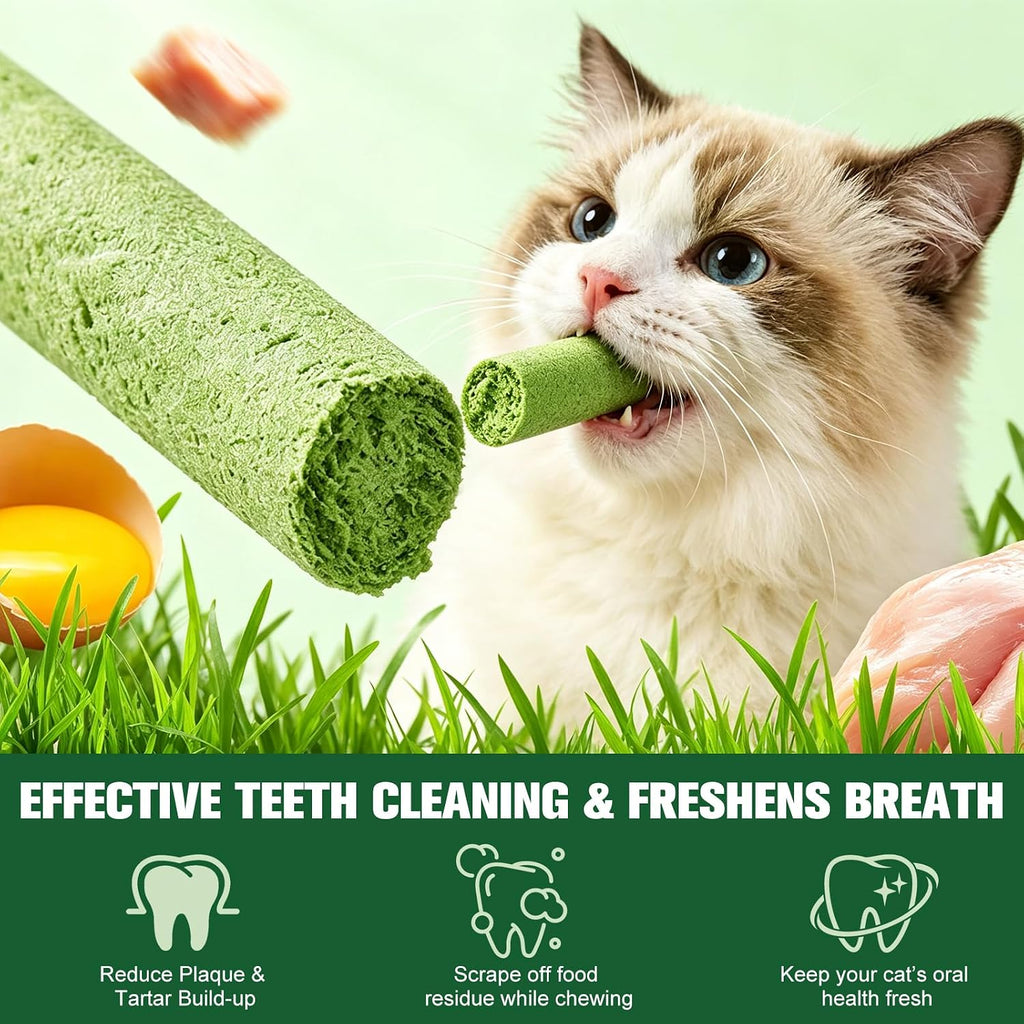 Cat Grass Teething Sticks for Cats, 200g/7.05oz Natural Edible Cat Chew Sticks with Real Chicken & Cat Grass, Teeth Cleaning, Hairball Control & Teething Relief Treats for Cats Over 3 Months Old