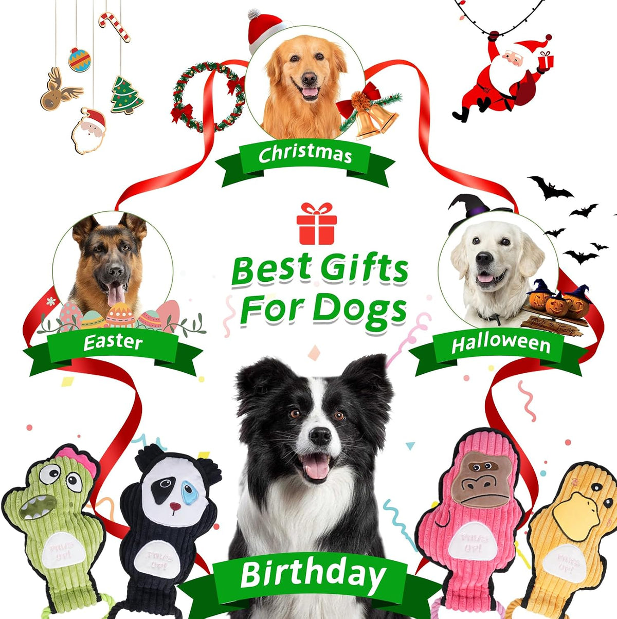 2-Pack Crinkle and Squeaky Dog Toys & Tough Tug of War Set - No Stuffing Chew-Resistant Plush Toys to Keep Them Busy, Best Birthday Gift for Small/Medium/Large Breeds (Ducks & Dino)