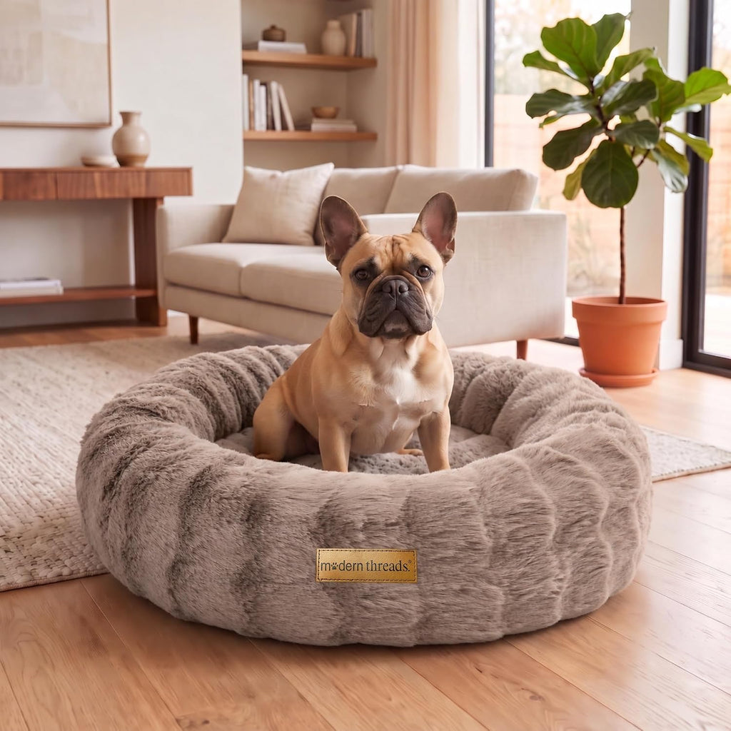 Modern Threads Calming Donut Dog Bed for Medium Dogs, Plush Round Faux Fur Pet Bed with Raised Bolster, Soft Washable Dog Bed, 30x30x9, Taupe