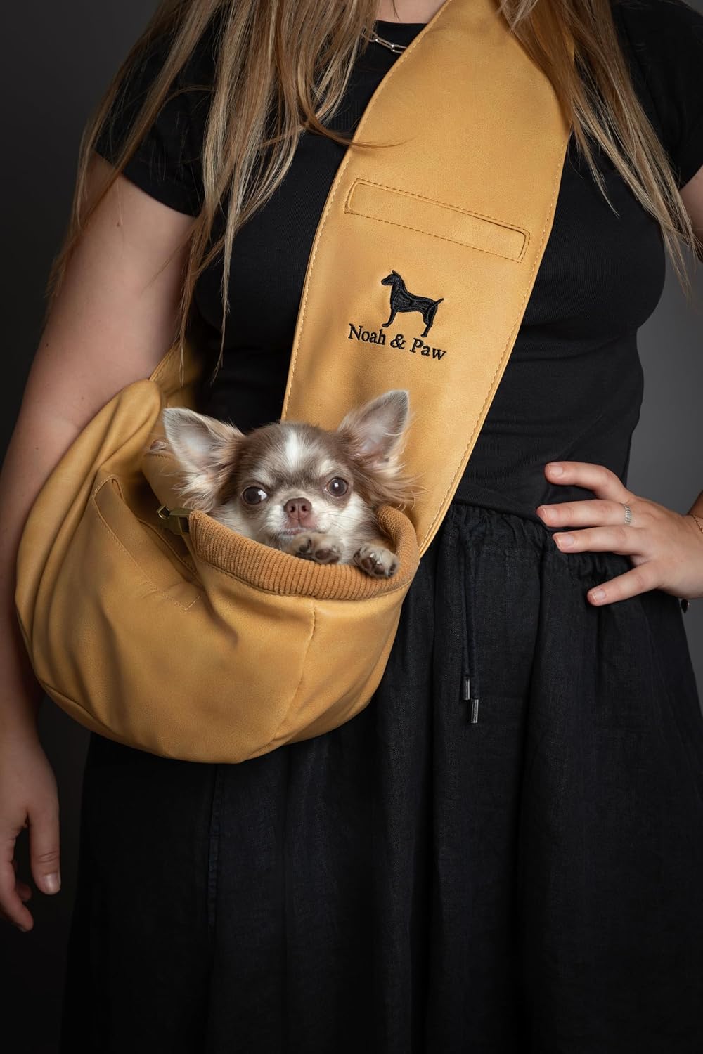 Noah & Paw Dog Sling Carrier for Small Dogs 3-10lb, Dog Sling for Small Dogs and Cats, Dog Carrier with Adjustable Padded Strap, Vegan Leather Lined with Fur, 3X Safety Features, Machine Washable