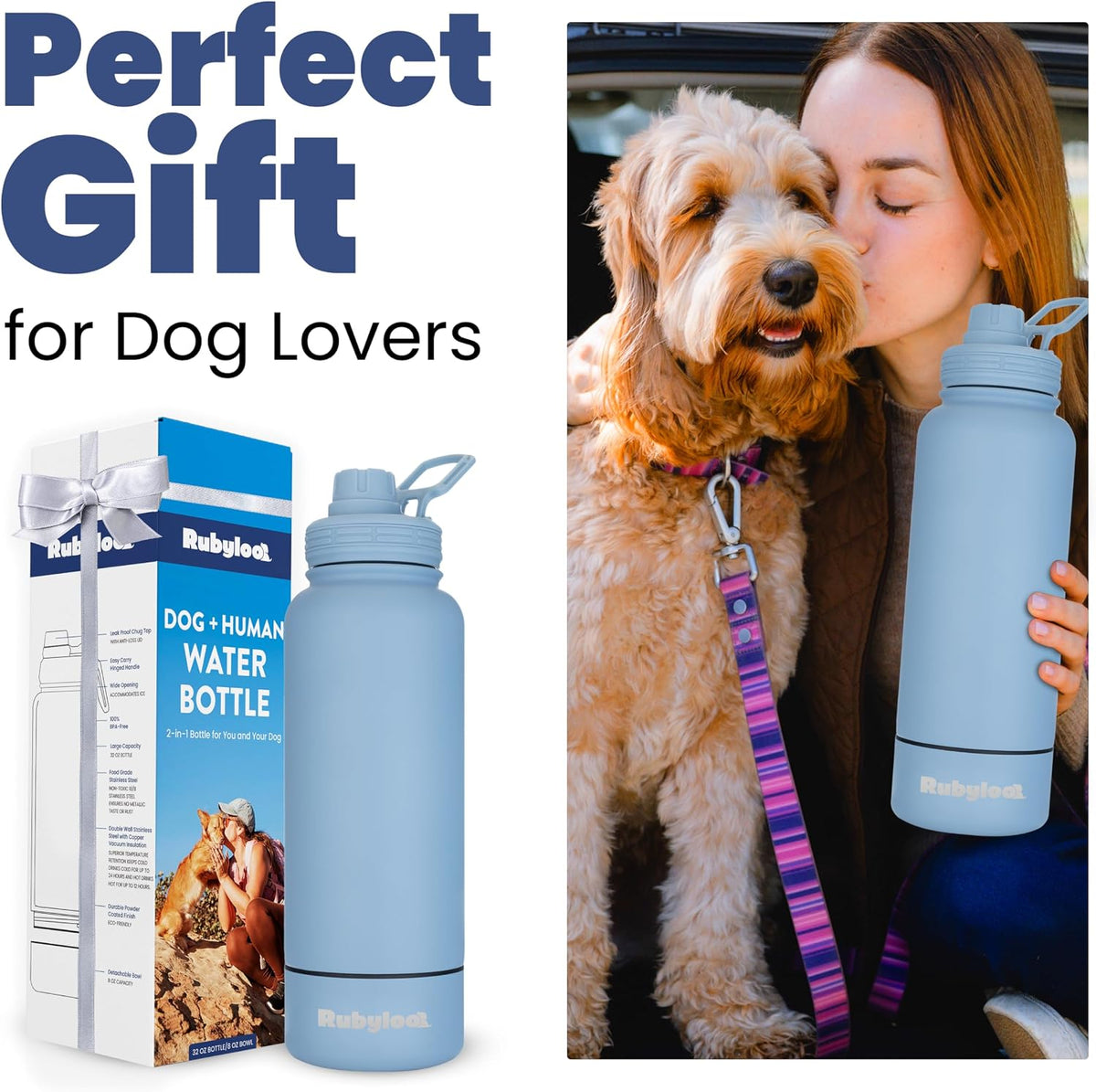 Rubyloo Dog Water Bottle with Detachable Bowl for Dog Lovers, Dusty Blue | 32oz Insulated Stainless Steel Bottle, 8oz Detachable Bowl, Leak-Proof Lid, BPA-Free, Hiking, Walking, Travel, Gift