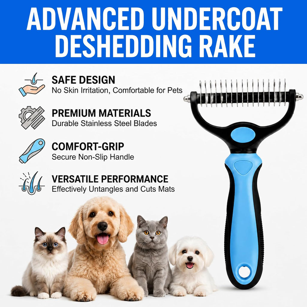 2-in-1 Double-Sided Pet Grooming Comb for Dogs & Cats - Deshedding Brush & Rounded-Tooth Dematting Tool | Painlessly Removes Knots, Tangles, Loose Undercoat & Fur in Thick/Long Coats (Blue-Large*2)