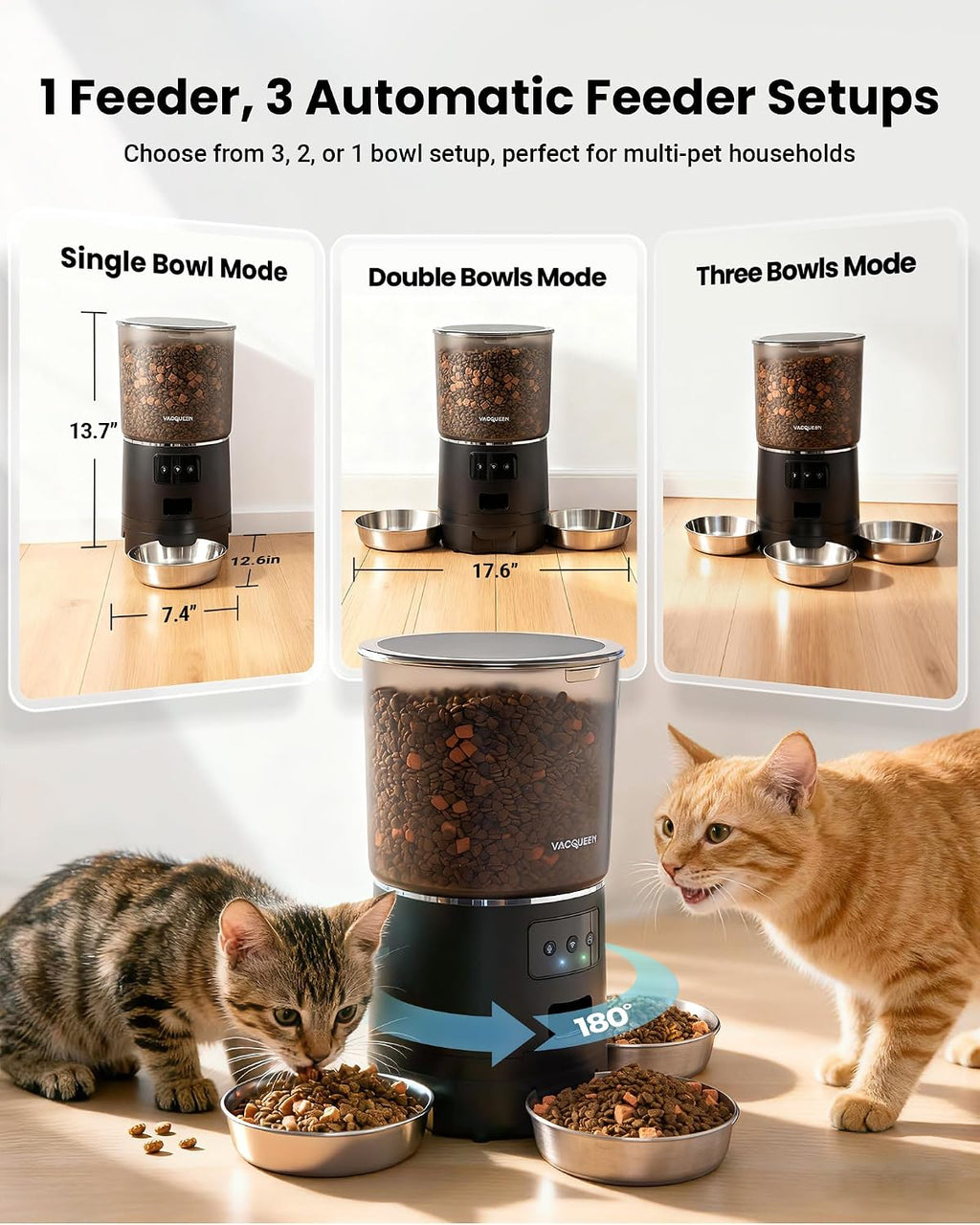 Automatic Cat Feeder for 3 Cats with WiFi Control, Anti-Jam System, 6L