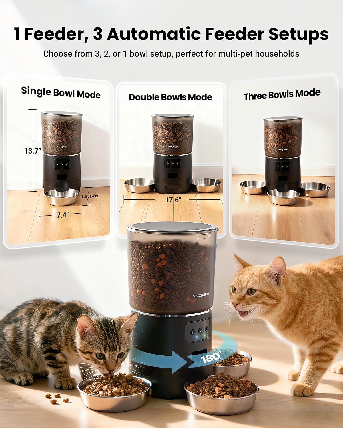 Automatic Cat Feeder for 3 Cats with WiFi Control, Anti-Jam System, 6L
