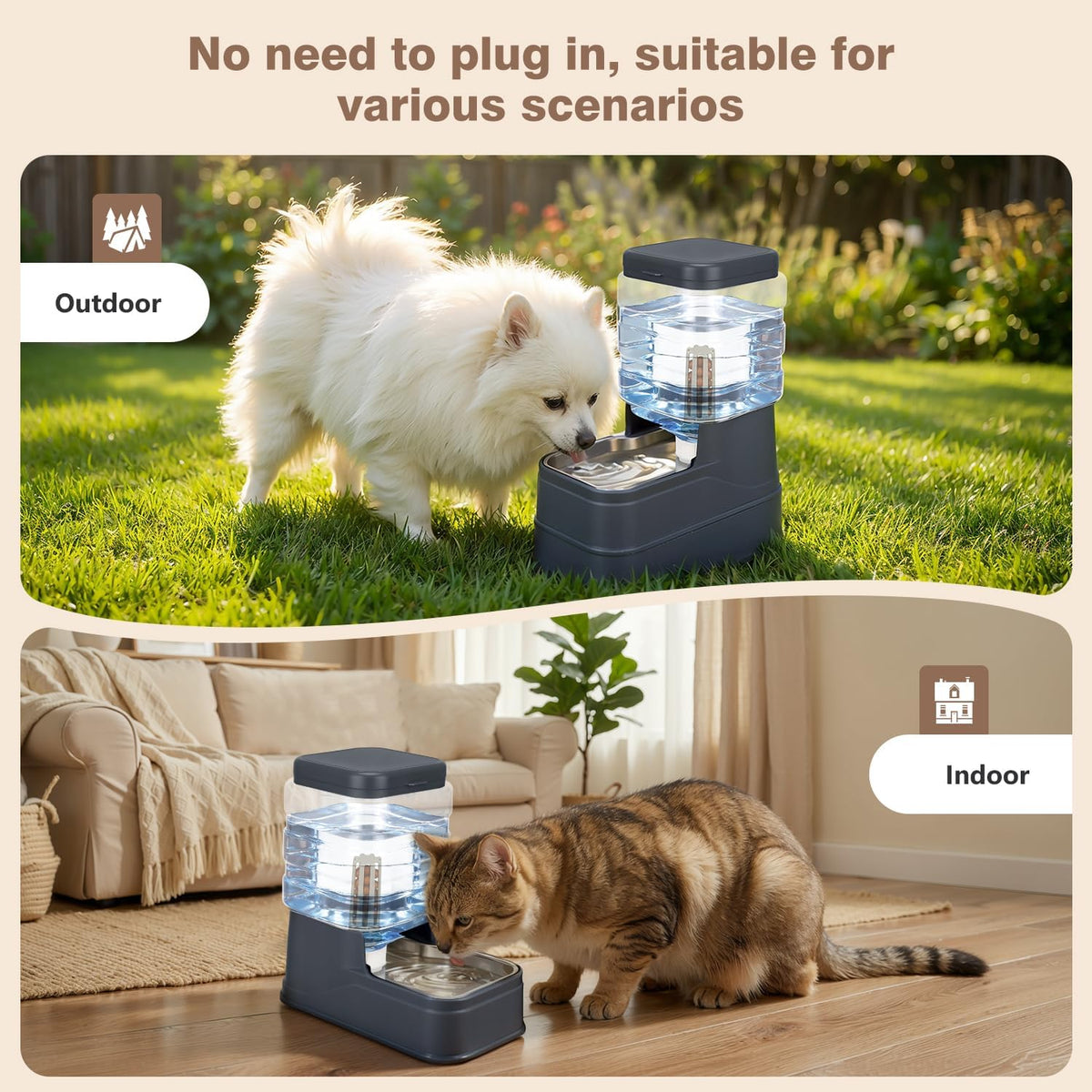 1.1 Gallon Pet Automatic Dog Water Dispenser Cat Gravity Waterer Feeder with Stainless Steel Bowl 8L Large Capacity Puppy Feeding Raised Bowls with Filter,Ice Pack (Charcoal Gray, 4L(1.1 Gallon))