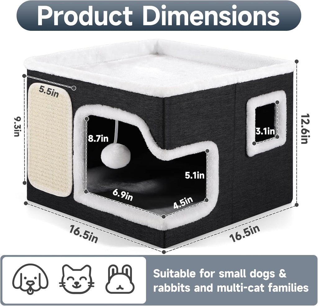 Shikha Cat Bed House for Indoor Cats with Fluffy Ball and Scratch Pad Black