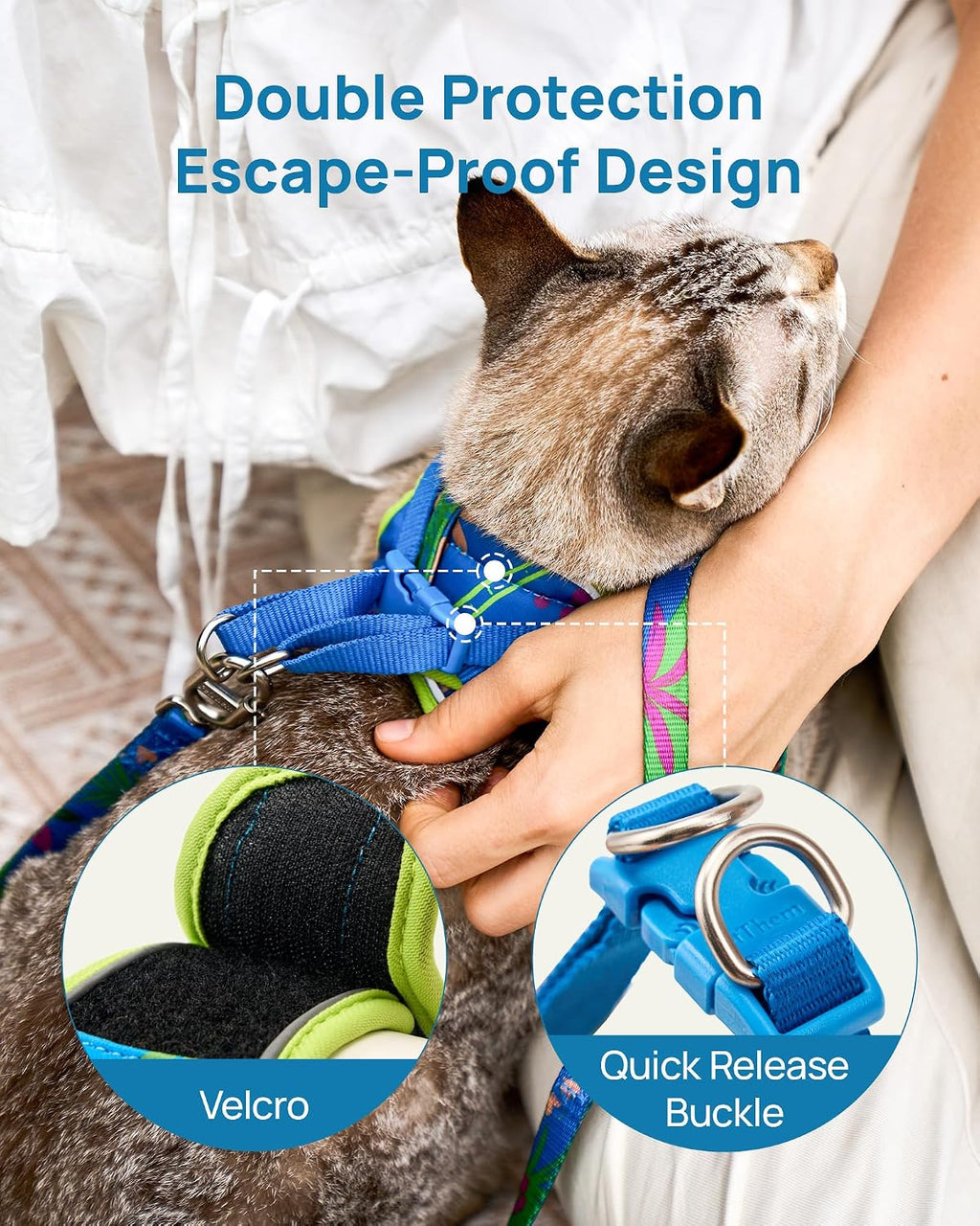 PetThem Upgraded Cat Harness and Leash Set - Step-in Escape Proof Adjustable Cat Harness, Comfortable Soft Lightweight, Reflective Harness for Walking, Travel, Camping (Hawaii Green, XS)