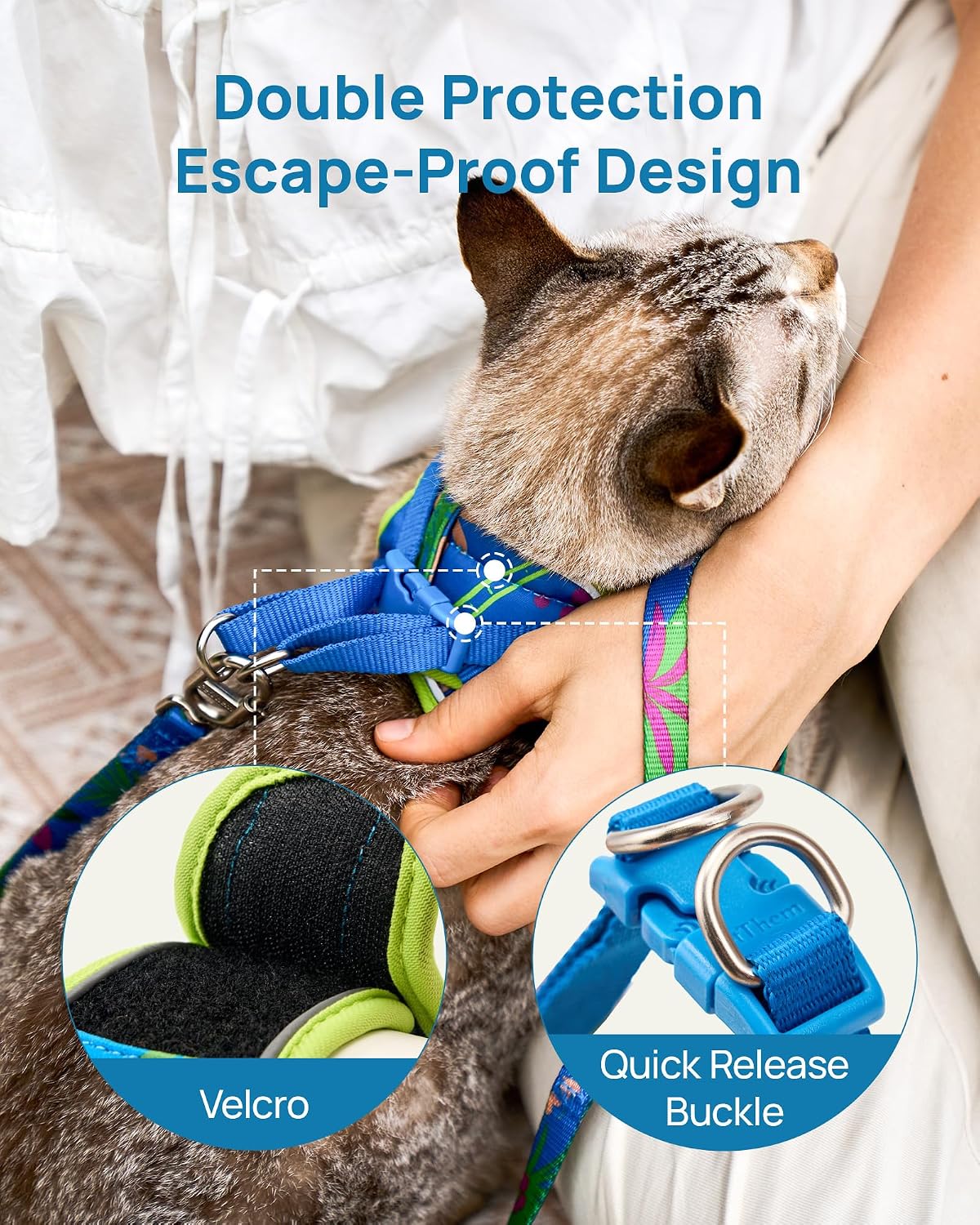 PetThem Upgraded Cat Harness and Leash Set - Step-in Escape Proof Adjustable Cat Harness, Comfortable Soft Lightweight, Reflective Harness for Walking, Travel, Camping (Hawaii Green, XS)