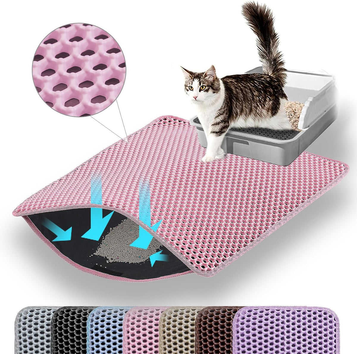 Cat Litter Mat, Double Layer Honeycomb Litter Box Mat | 24x18”, Efficient Litter Trapping, Easy to Clean, Waterproof, Non-Slip, Soft on Paws, Scratch Resistant, Pink, Large