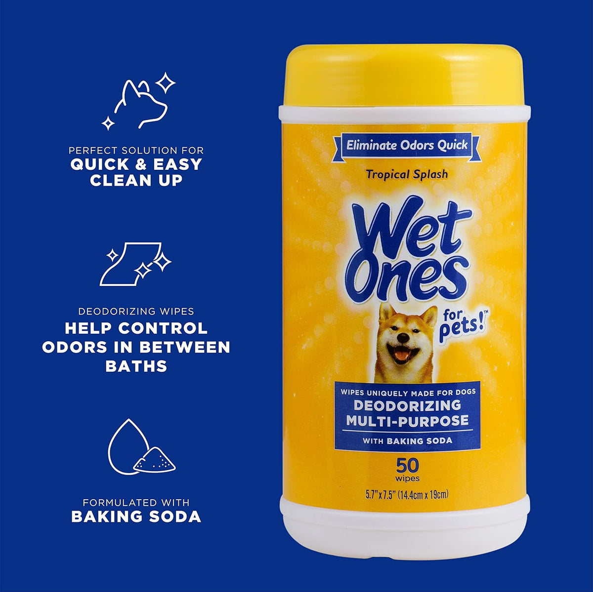 Wet Ones for Pets Deodorizing Dog Wipes, Tropical Splash, 50 Count, 12-Pack | Baking soda formula, multipurpose grooming wipes, resealable canister, for daily deodorizing use, gentle 