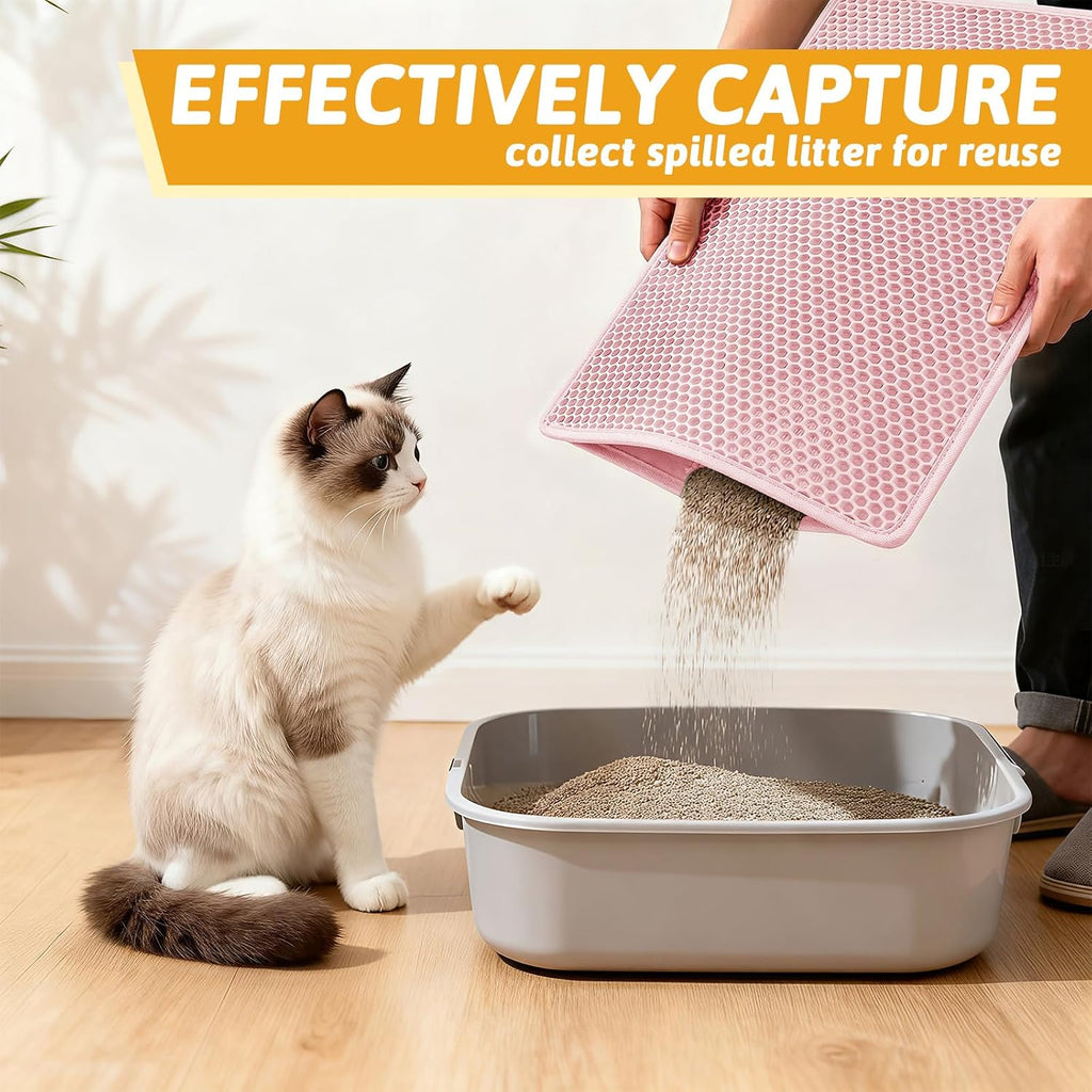Pieviev Cat Litter Mat, Double-Layer Waterproof Litter Trap, 24" x 15" Pink | Honeycomb Design Catches Scattered Particles to Stop Tracking, Urineproof Base Protects Floors, Easy to Clean