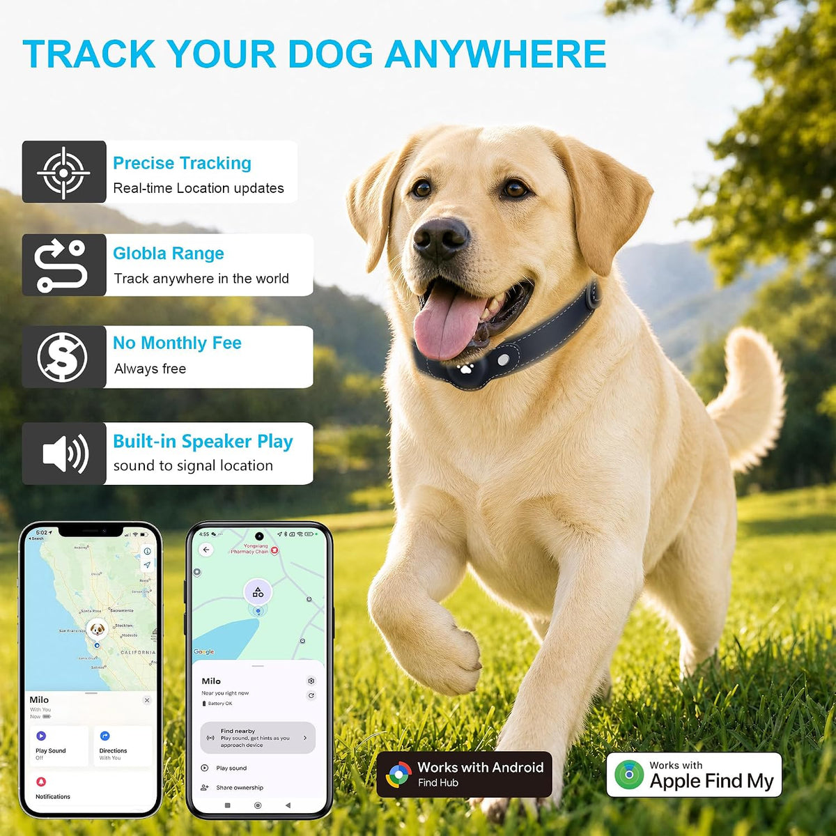 GPS Tracker for Dogs, Dog GPS Tracker, Pet Location Tracker with Collar, Real-Time Tracking, No Monthly Fee or Subscription, Waterproof, 365-Day Long Battery Life, Dog Tracking Device, iOS & Android